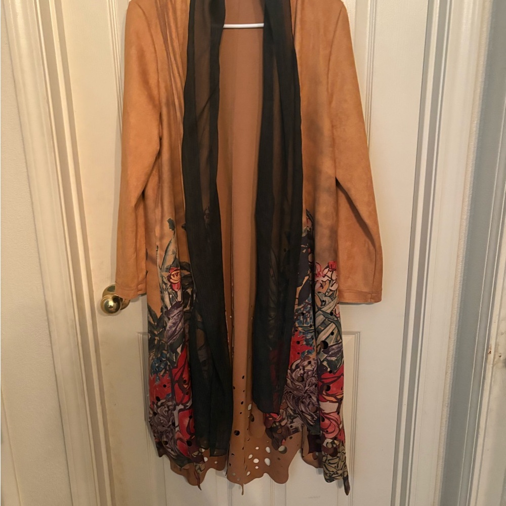 Tan and Black Cape with Floral Accents